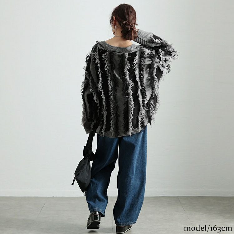 大きいサイズ レディース ストライプフリンジニット　bro-0063