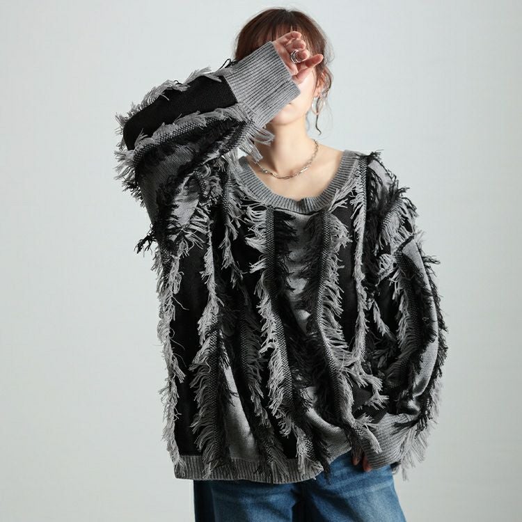 大きいサイズ レディース ストライプフリンジニット　bro-0063