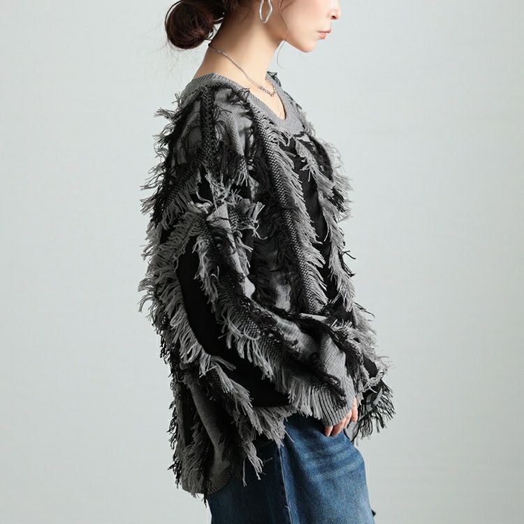 大きいサイズ レディース ストライプフリンジニット　bro-0063