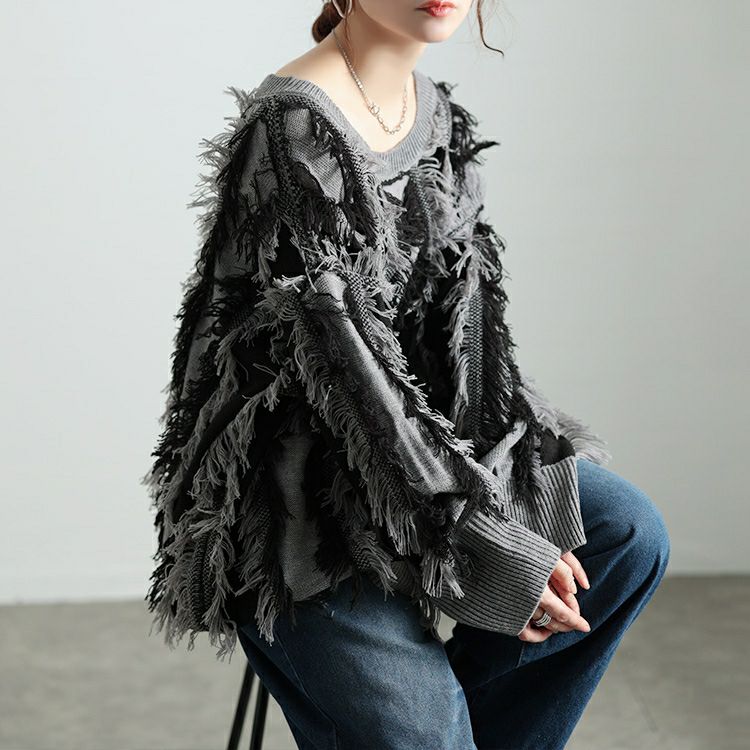 大きいサイズ レディース ストライプフリンジニット　bro-0063