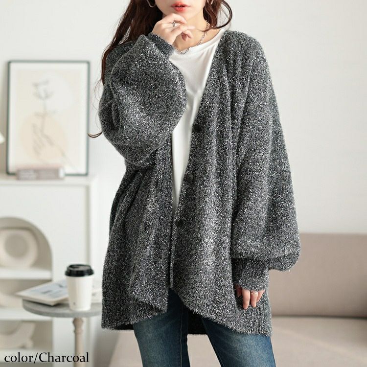 大きいサイズ レディース 深Vネックラメシャギーニットカーディガン　bro-0060