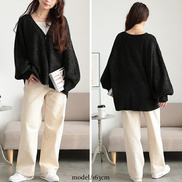 大きいサイズ レディース 深Vネックラメシャギーニットカーディガン　bro-0060