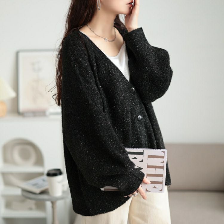 大きいサイズ レディース 深Vネックラメシャギーニットカーディガン　bro-0060