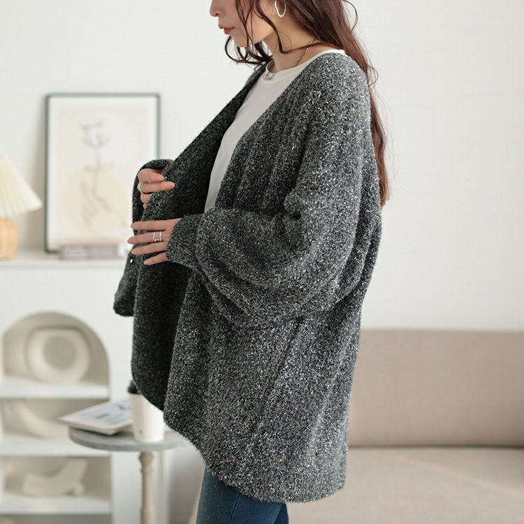 大きいサイズ レディース 深Vネックラメシャギーニットカーディガン　bro-0060