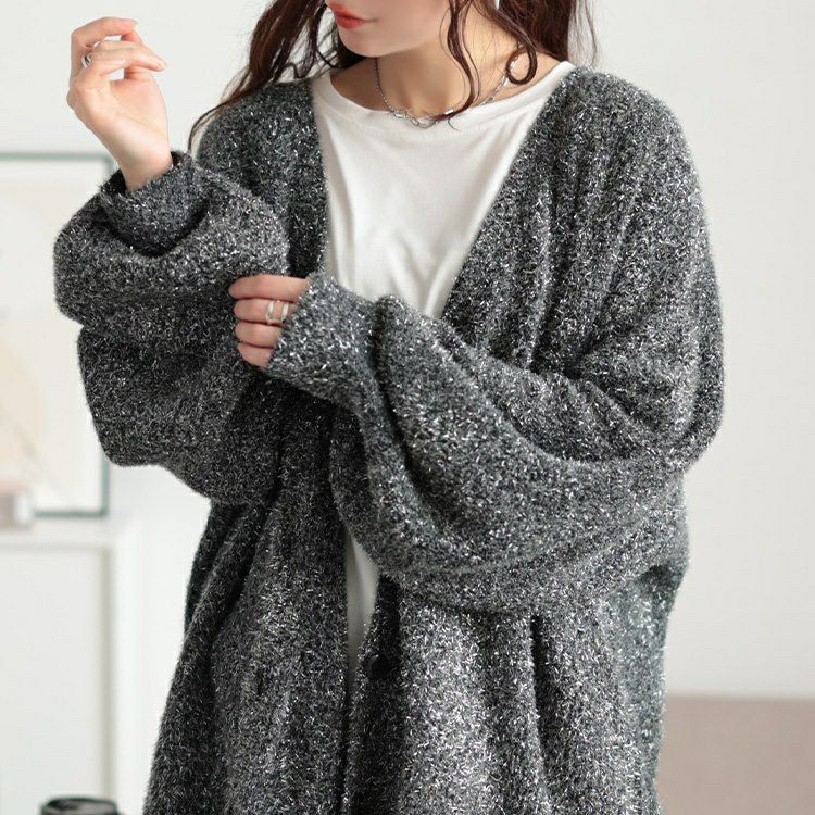 大きいサイズ レディース 深Vネックラメシャギーニットカーディガン　bro-0060
