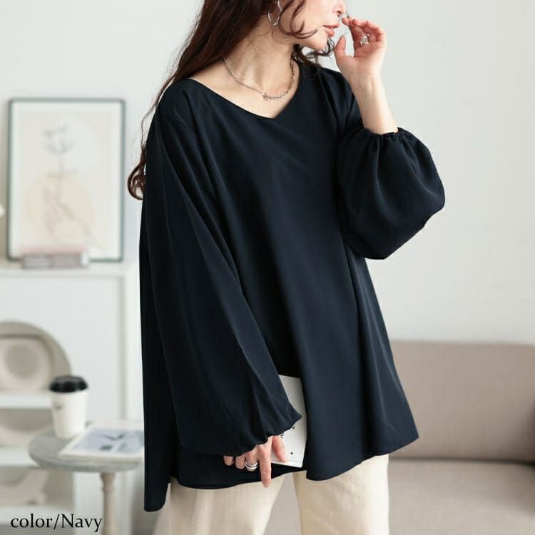 大きいサイズ レディース Vネックボリュームスリーブフレアチュニック　maru-30134 【メール便可】