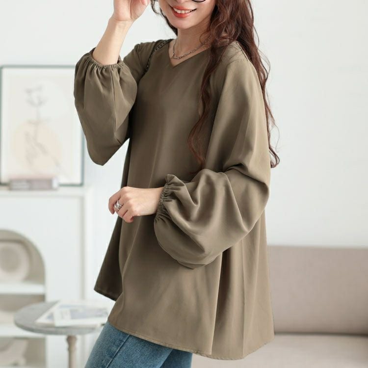 大きいサイズ レディース Vネックボリュームスリーブフレアチュニック　maru-30134 【メール便可】