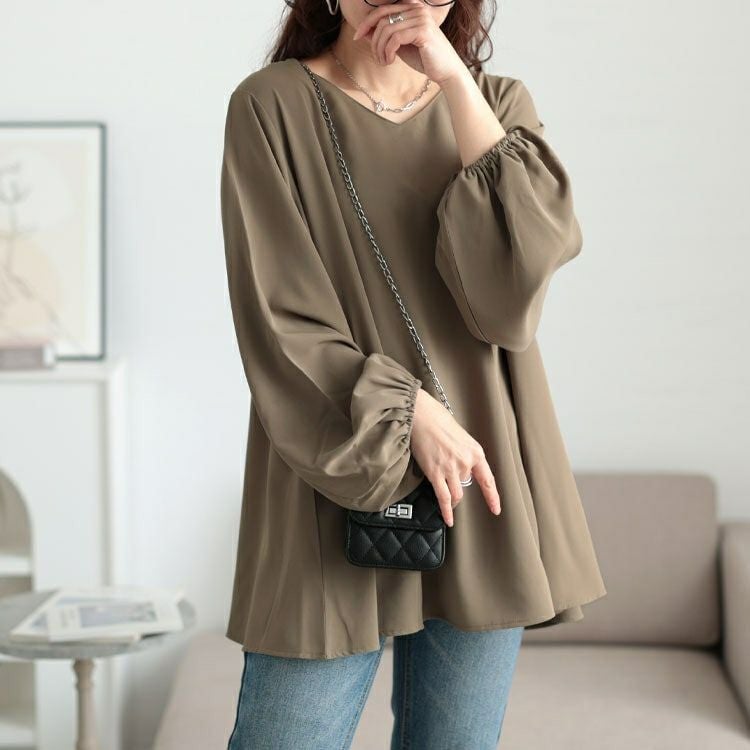 大きいサイズ レディース Vネックボリュームスリーブフレアチュニック　maru-30134 【メール便可】