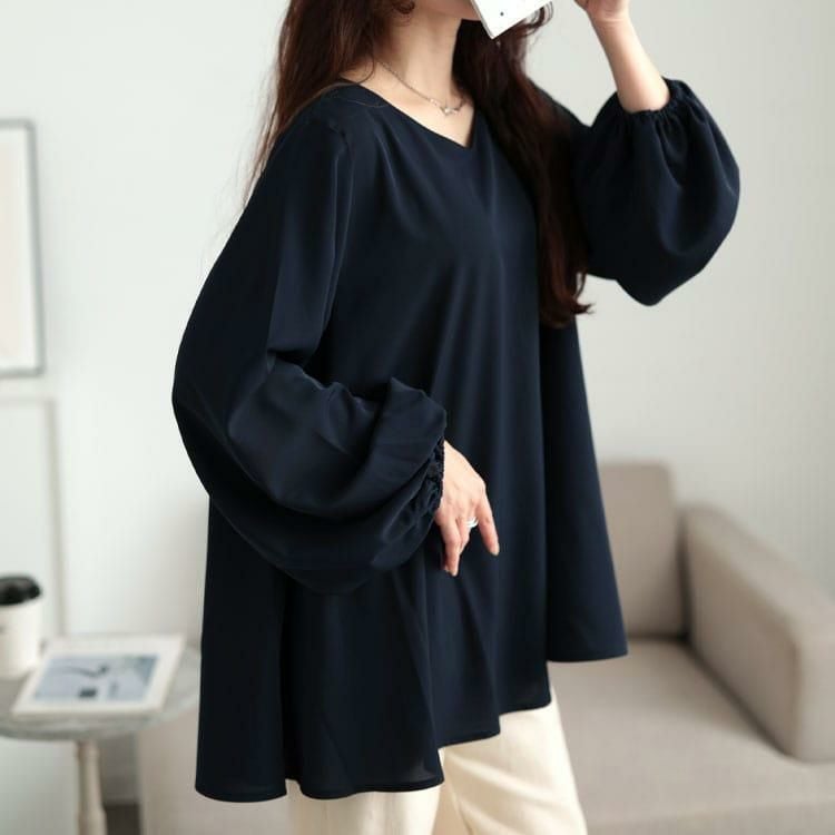 大きいサイズ レディース Vネックボリュームスリーブフレアチュニック　maru-30134 【メール便可】 ネイビー