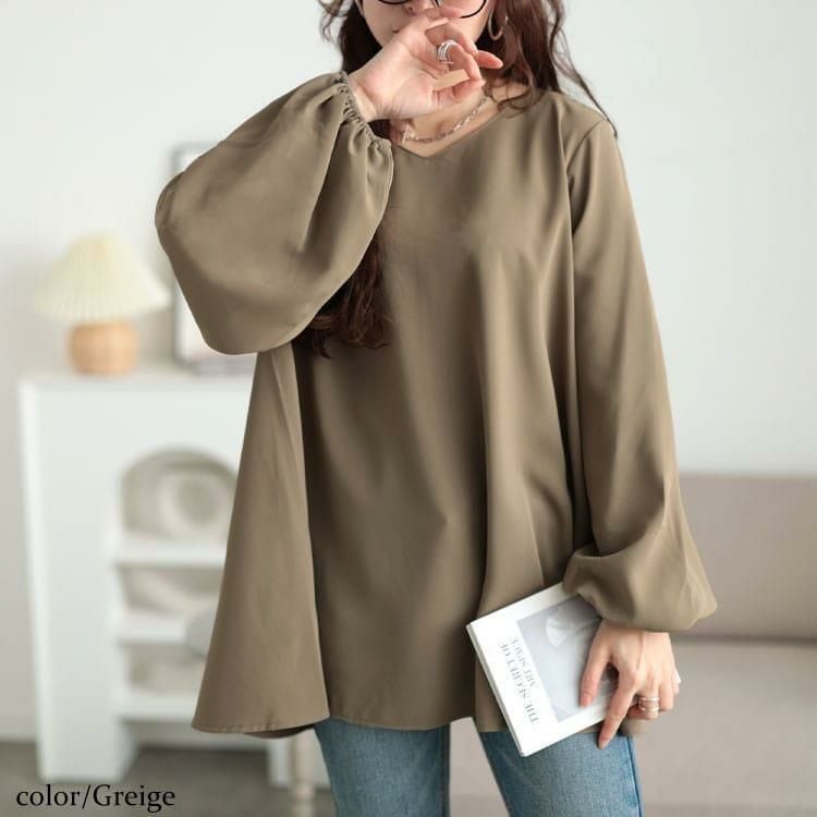 大きいサイズ レディース Vネックボリュームスリーブフレアチュニック　maru-30134 【メール便可】 グレージュ