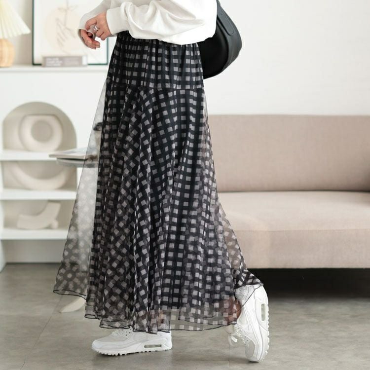 大きいサイズ レディース ギンガムチェック柄チュールフレアスカート　maru-30133