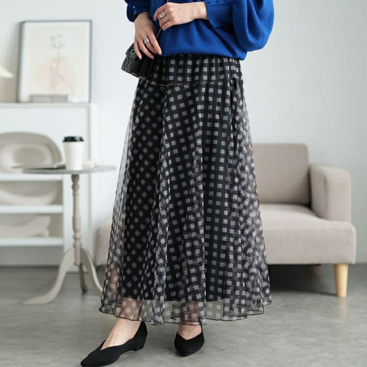 大きいサイズ レディース ギンガムチェック柄チュールフレアスカート　maru-30133