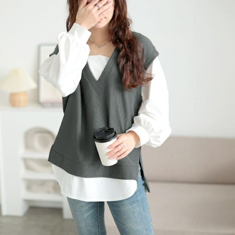 大きいサイズ レディース 深Vネックフェイクベストプルオーバー　maru-30131