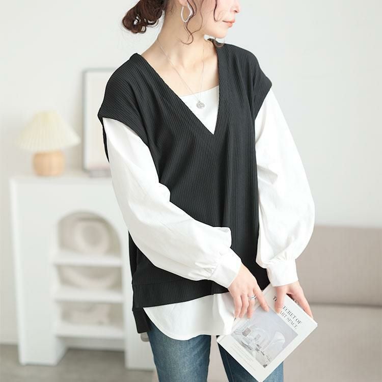 大きいサイズ レディース 深Vネックフェイクベストプルオーバー　maru-30131 ブラック