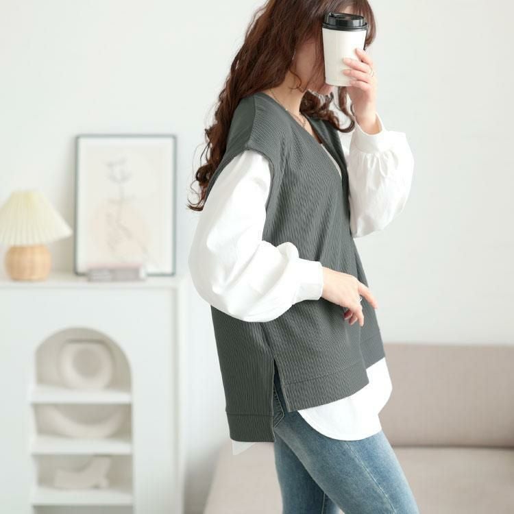 大きいサイズ レディース 深Vネックフェイクベストプルオーバー　maru-30131 グレー