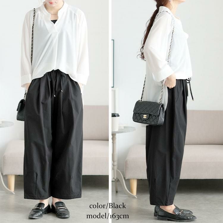 大きいサイズ レディース ストレッチタックコクーンワイドパンツ　maru-30130 ブラック