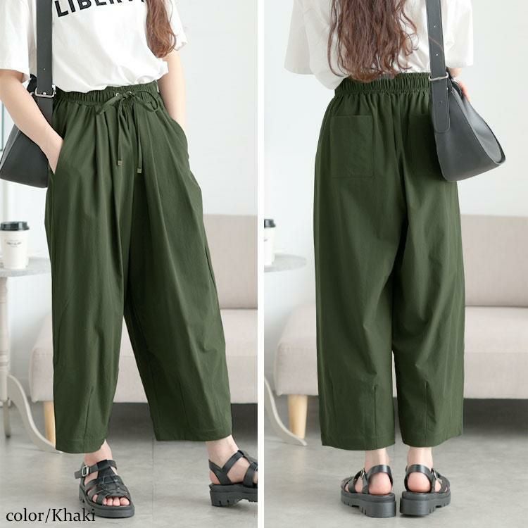 大きいサイズ レディース ストレッチタックコクーンワイドパンツ　maru-30130 カーキ