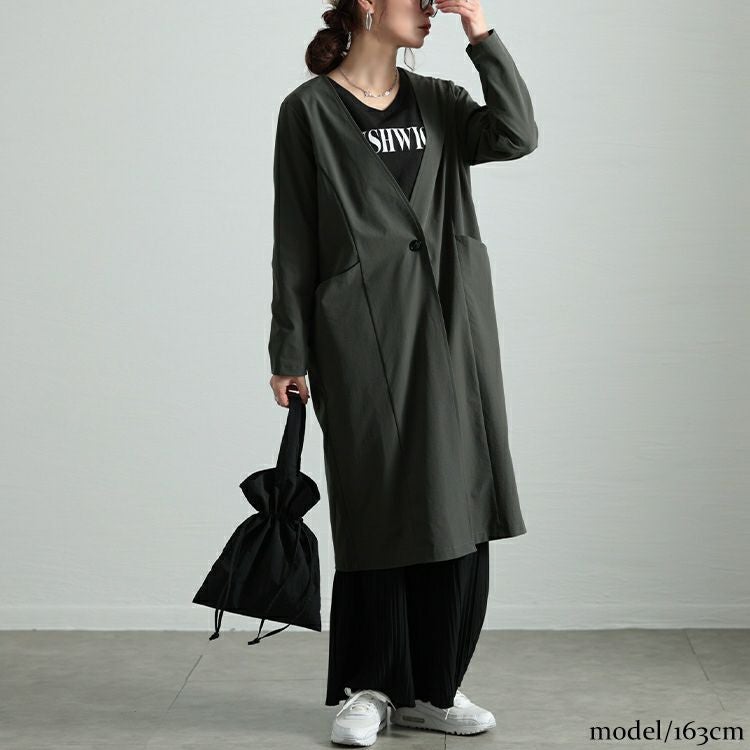 大きいサイズ レディース ストレッチノーカラーロングコート　maru-30114