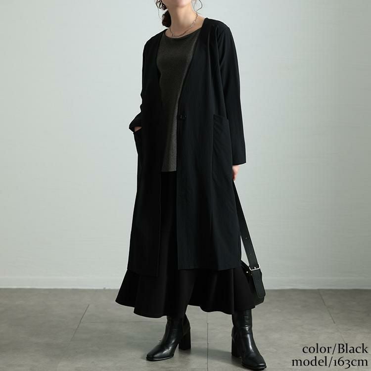 大きいサイズ レディース ストレッチノーカラーロングコート　maru-30114 ブラック