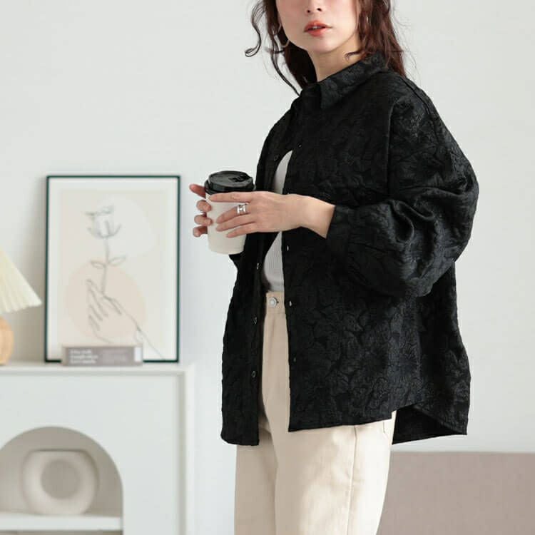 大きいサイズ レディース 花柄ジャガードボリュームスリーブブラウス　sw-0703