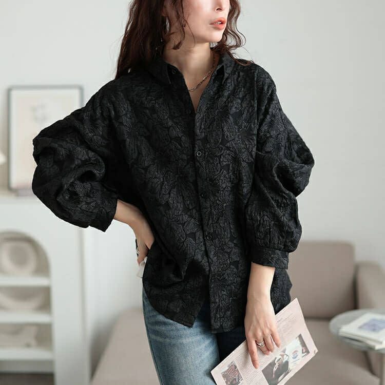 大きいサイズ レディース 花柄ジャガードボリュームスリーブブラウス　sw-0703