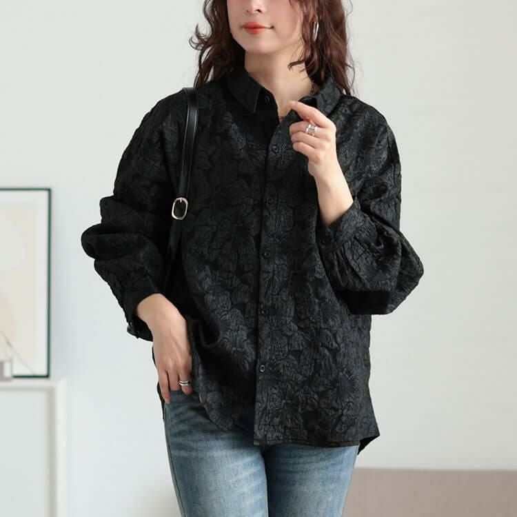 大きいサイズ レディース 花柄ジャガードボリュームスリーブブラウス　sw-0703 ブラック