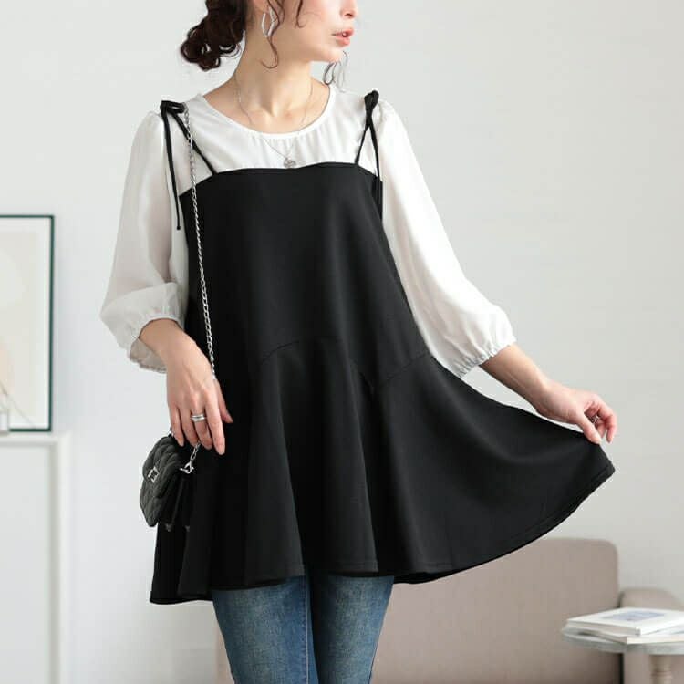 大きいサイズ レディース フェイクレイヤードペプラムキャミチュニック　fem-562