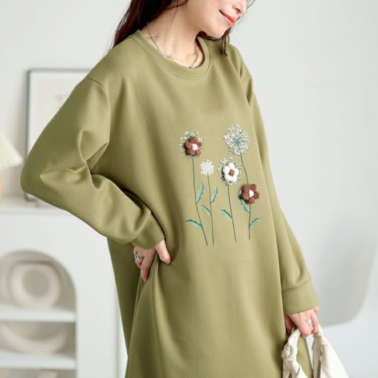 大きいサイズ レディース 裾レースフラワーモチーフスウェットワンピース　goldy-1642