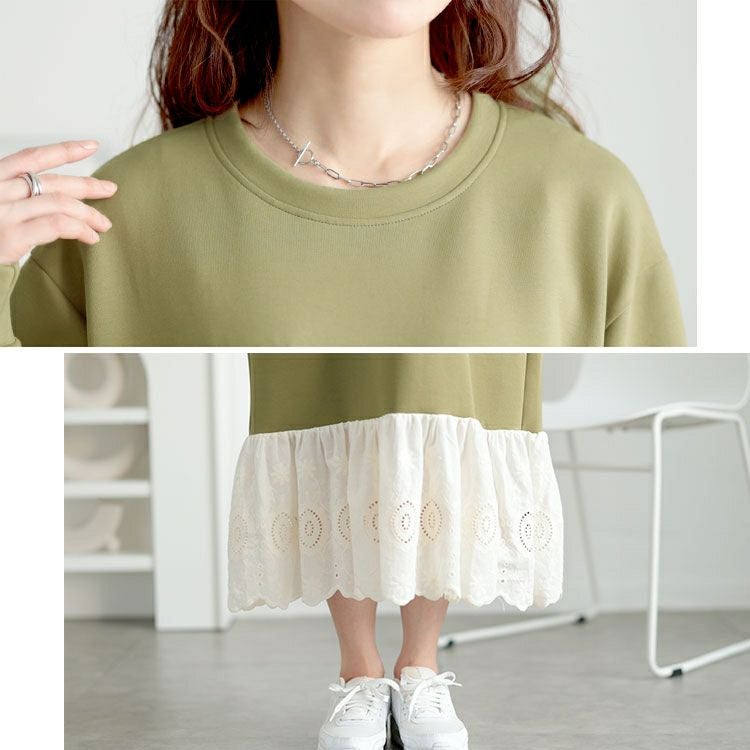 大きいサイズ レディース 裾レースフラワーモチーフスウェットワンピース　goldy-1642