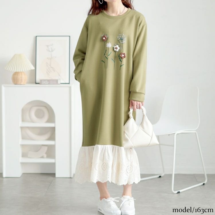 大きいサイズ レディース 裾レースフラワーモチーフスウェットワンピース　goldy-1642