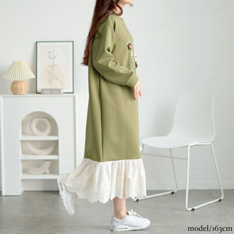 大きいサイズ レディース 裾レースフラワーモチーフスウェットワンピース　goldy-1642