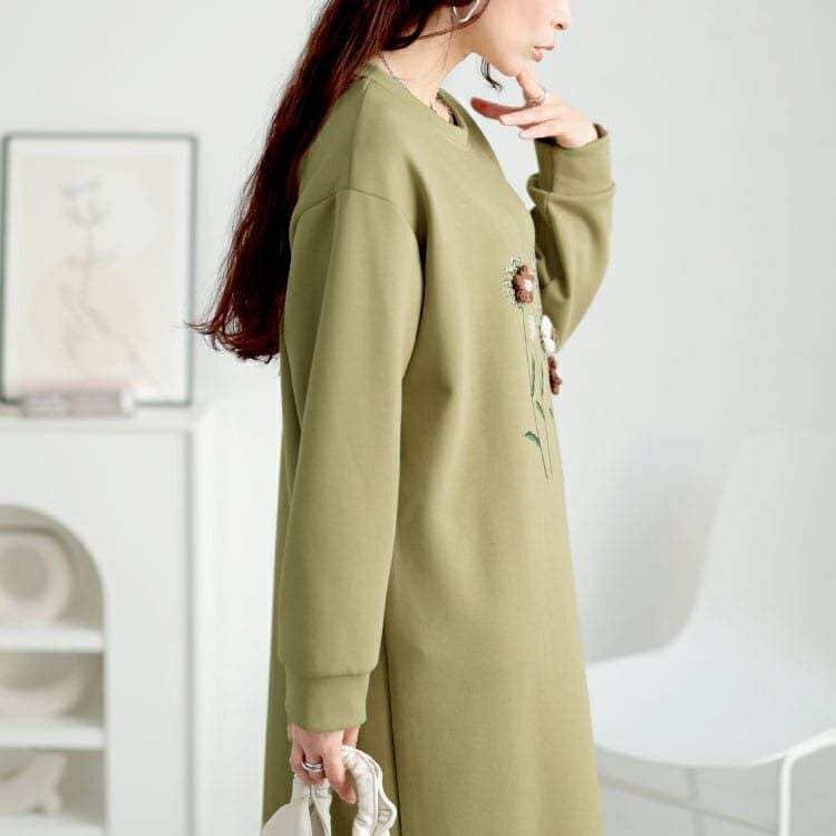 大きいサイズ レディース 裾レースフラワーモチーフスウェットワンピース　goldy-1642