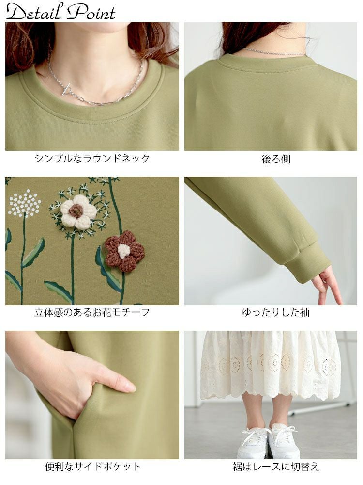 大きいサイズ レディース 裾レースフラワーモチーフスウェットワンピース　goldy-1642