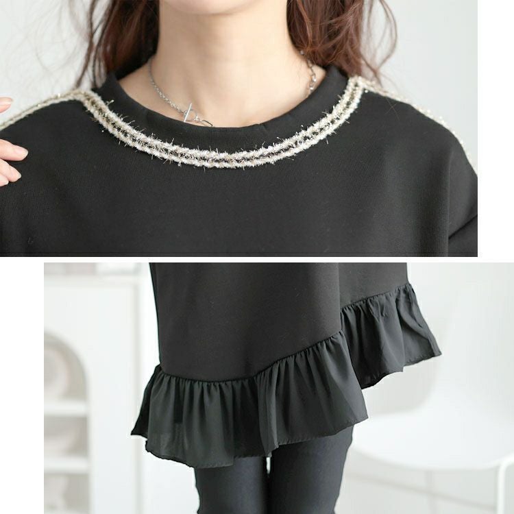 大きいサイズ レディース ラメシャギー付きアシメフリルトップス　goldy-1641