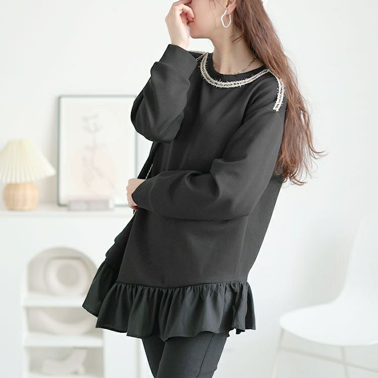 大きいサイズ レディース ラメシャギー付きアシメフリルトップス　goldy-1641