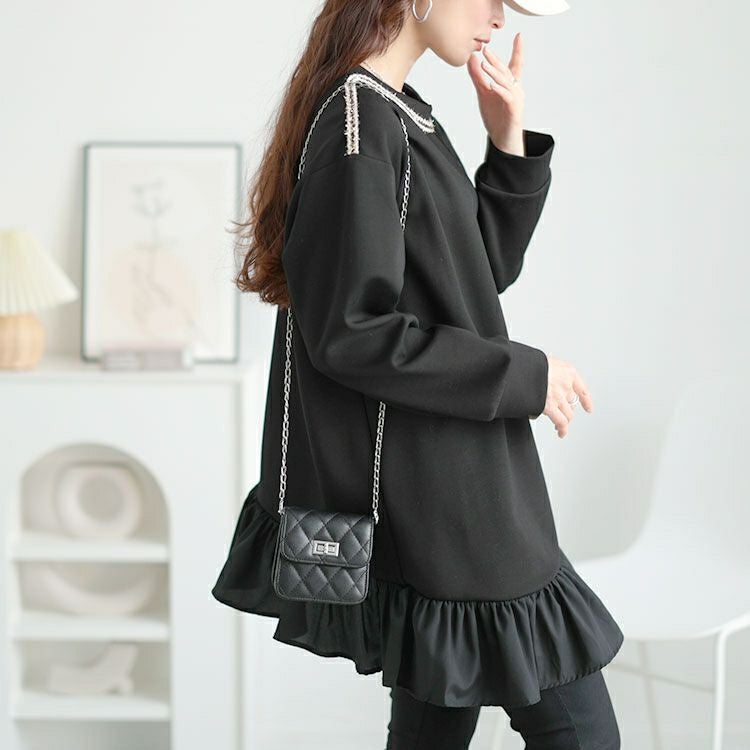 大きいサイズ レディース ラメシャギー付きアシメフリルトップス　goldy-1641