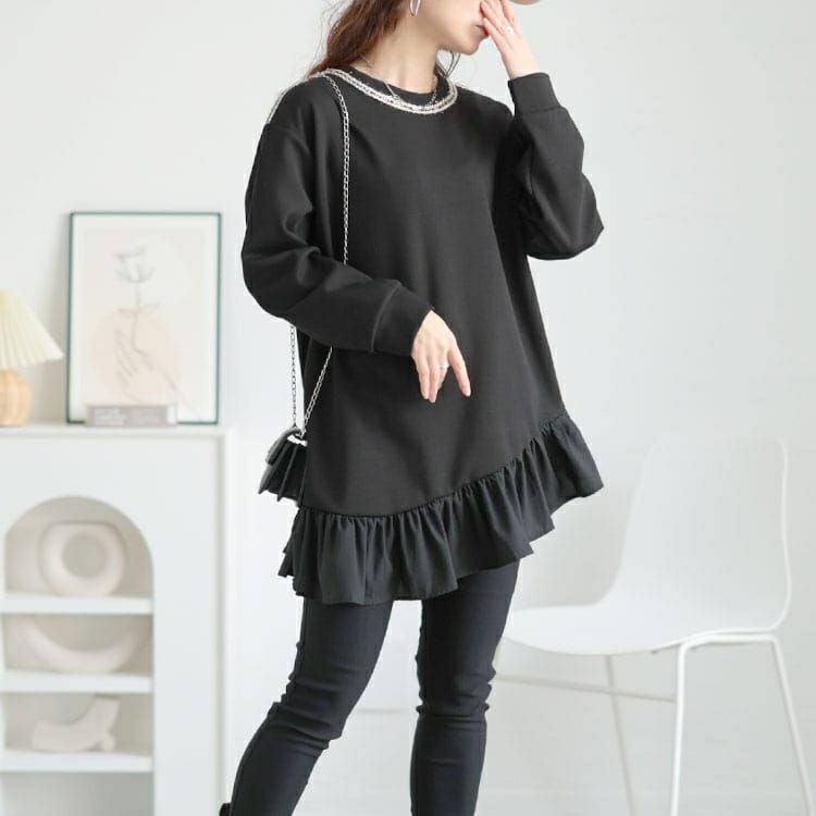 大きいサイズ レディース ラメシャギー付きアシメフリルトップス　goldy-1641