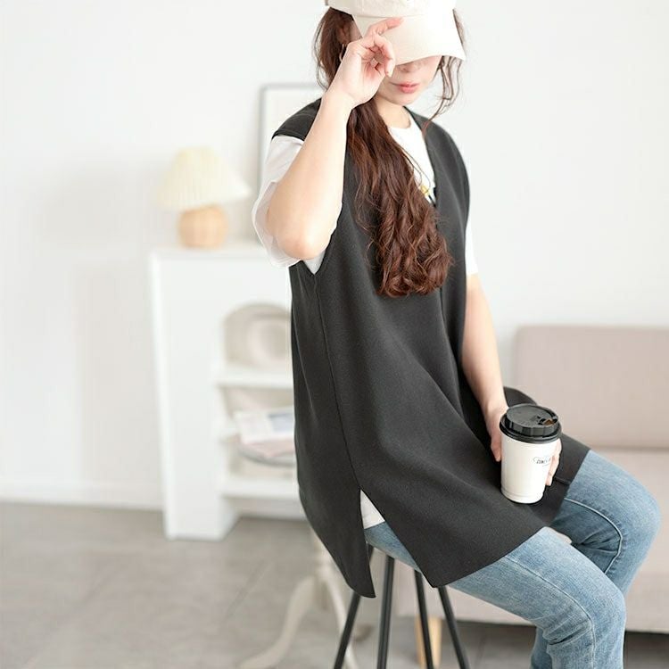 大きいサイズ レディース サイドスリット深Vネックベスト　cpdai-640651