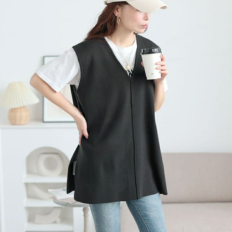 大きいサイズ レディース サイドスリット深Vネックベスト　cpdai-640651