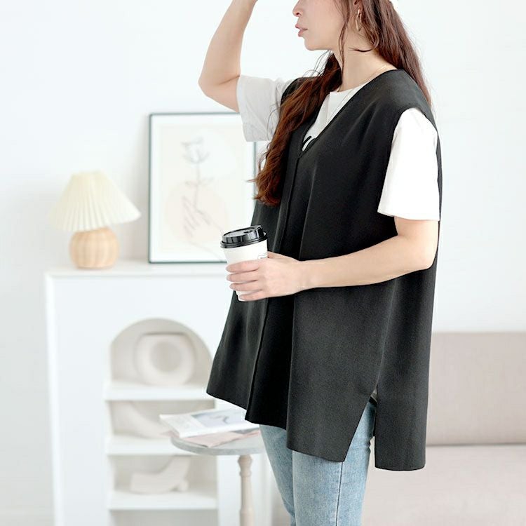 大きいサイズ レディース サイドスリット深Vネックベスト　cpdai-640651