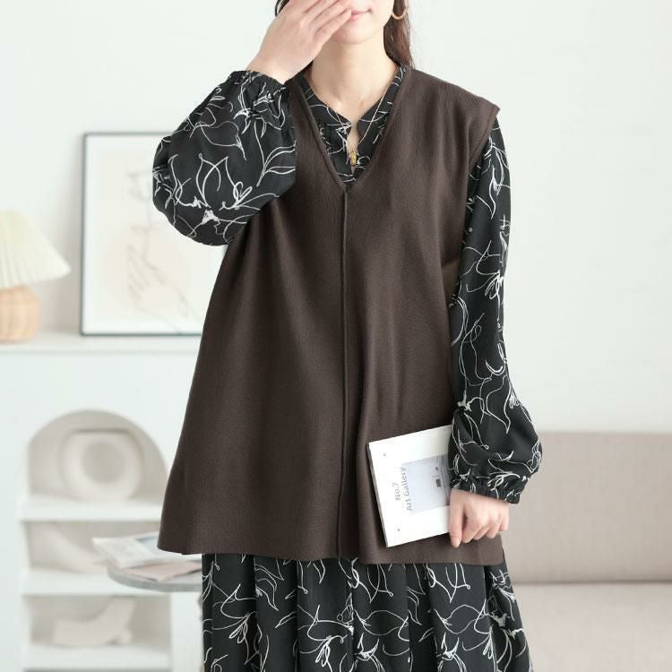 大きいサイズ レディース サイドスリット深Vネックベスト　cpdai-640651 モカ