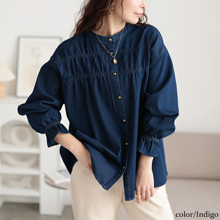 大きいサイズ レディース 胸元シャーリングデニムブラウス　cpdai-640657