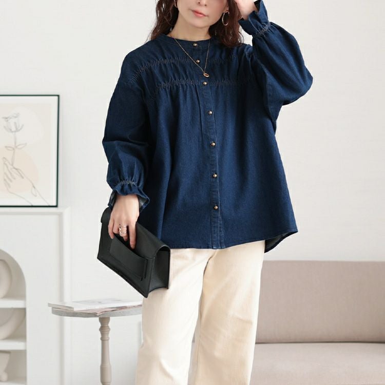 大きいサイズ レディース 胸元シャーリングデニムブラウス　cpdai-640657