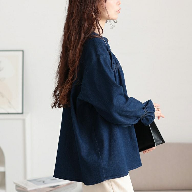 大きいサイズ レディース 胸元シャーリングデニムブラウス　cpdai-640657