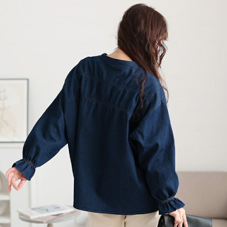 大きいサイズ レディース 胸元シャーリングデニムブラウス　cpdai-640657