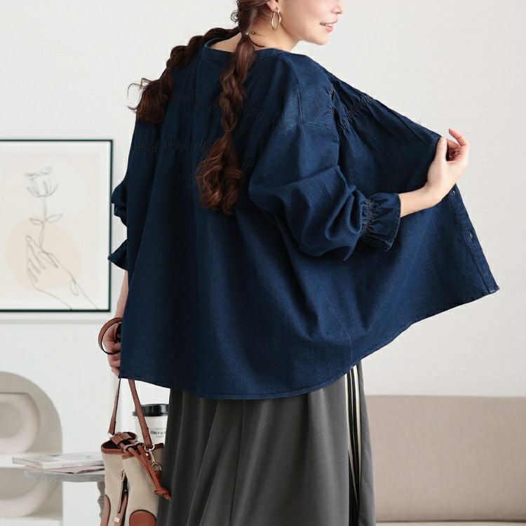 大きいサイズ レディース 胸元シャーリングデニムブラウス　cpdai-640657