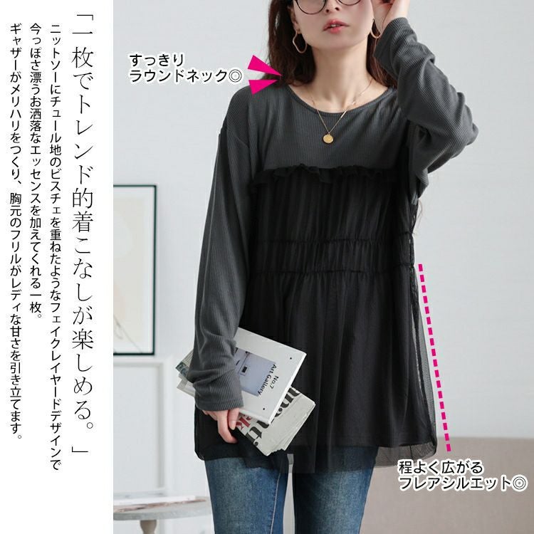 大きいサイズ レディース チュールレイヤードワッフルプルオーバー　cpdai-659527 【メール便可】