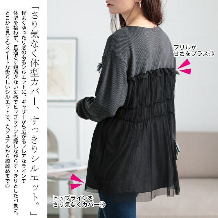 大きいサイズ レディース チュールレイヤードワッフルプルオーバー　cpdai-659527 【メール便可】