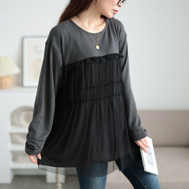 大きいサイズ レディース チュールレイヤードワッフルプルオーバー　cpdai-659527 【メール便可】