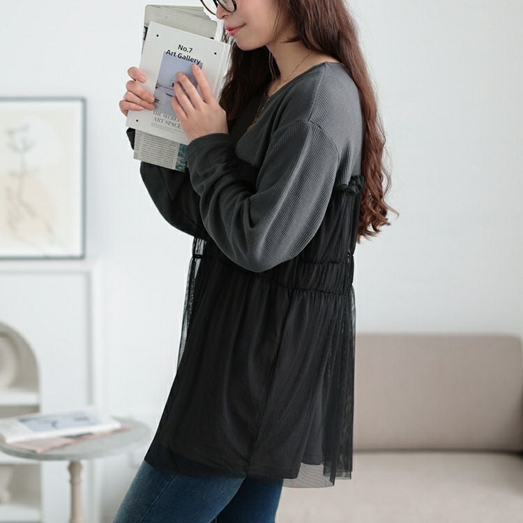 大きいサイズ レディース チュールレイヤードワッフルプルオーバー　cpdai-659527 【メール便可】